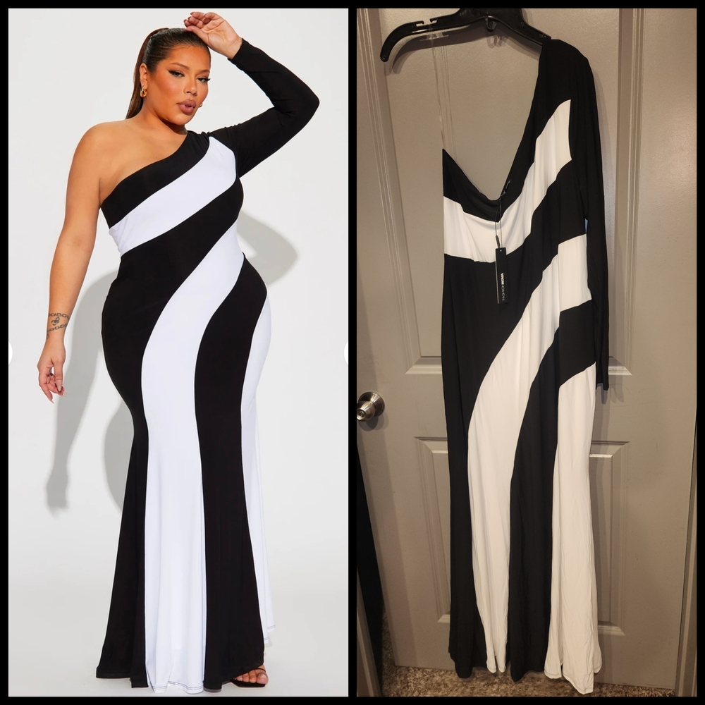 Fashion Nova Black and White One-Shoulder Maxi Dress